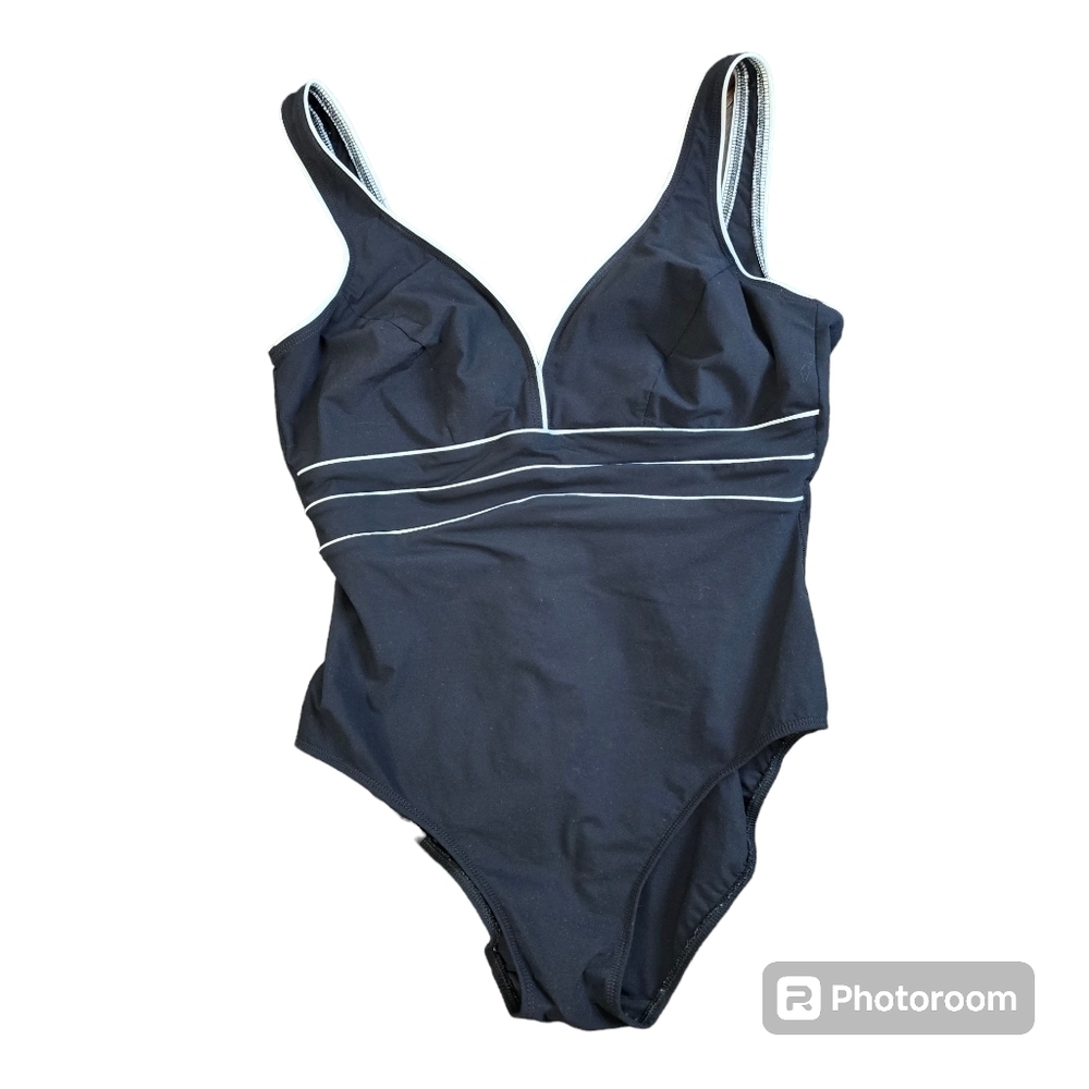 Vintage 90s Black One Piece Swimsuit White Contrast Inches Away
